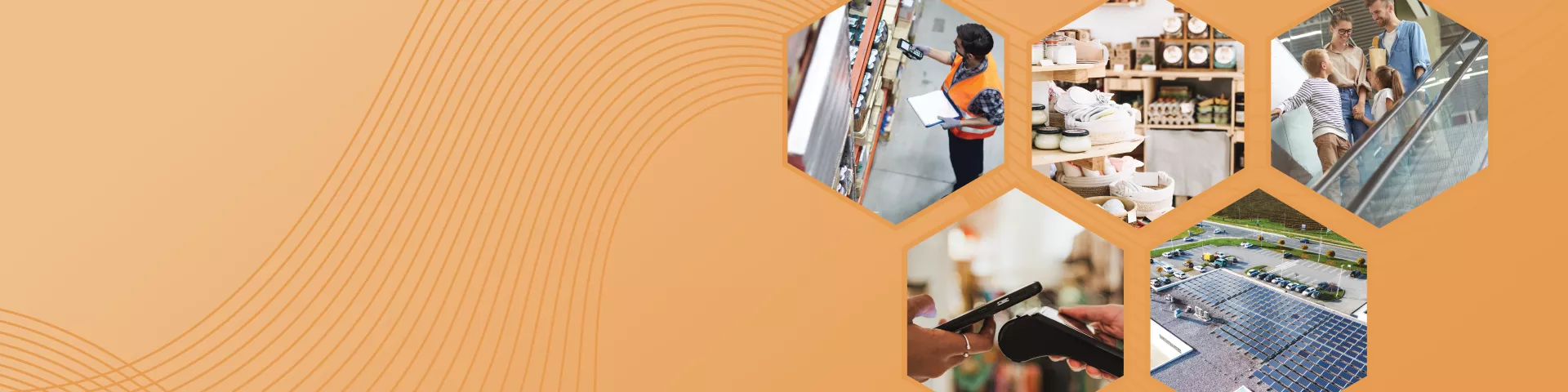 Retail transition pathway carousel banner with orange background and five images of retail situations in hexagonal shapes to the right